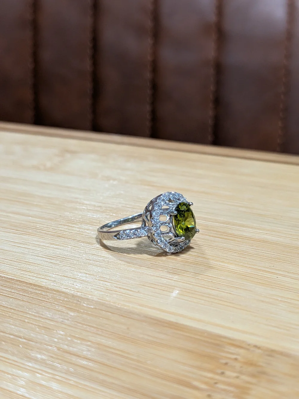 Olive Green Oval Halo Gemstone Ring in Sterling Silver